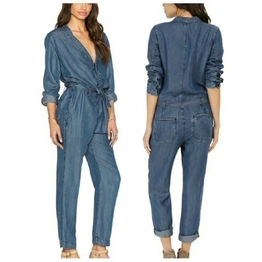 FREE PEOPLE LOU DENIM BELTED CHAMBRAY V-NECK JUMPSUIT